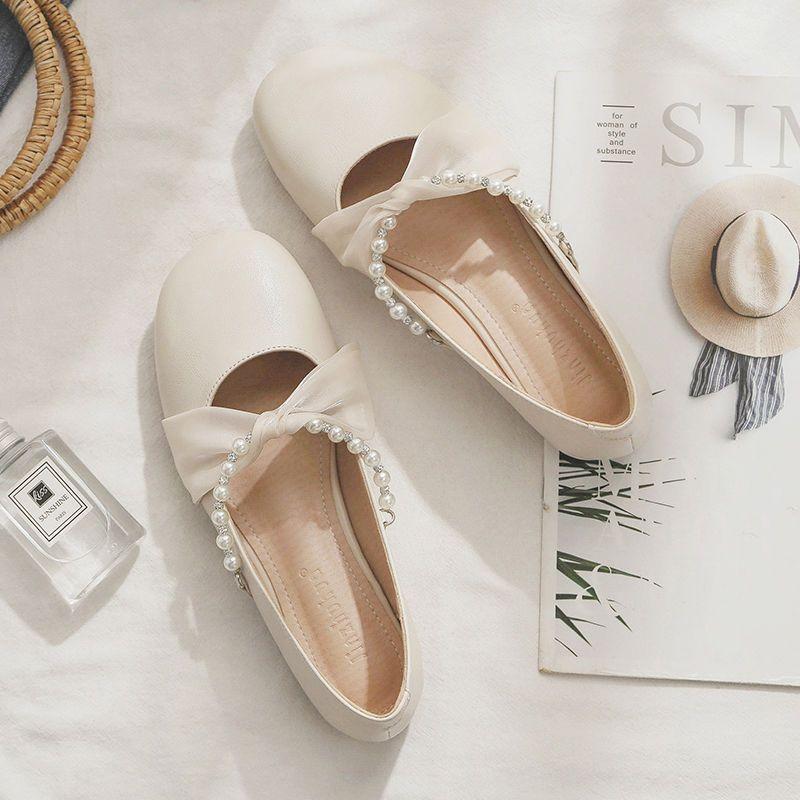 Ladies Footwear Round Toe Beige Slip-on Women's Flat Shoes Pearl Non Spring Elegant and Fashionable Quick Delivery Wholesale Y2k