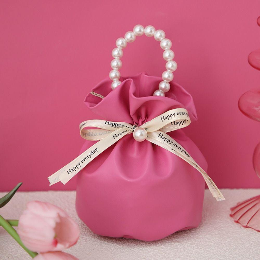 Solid Color PU Drawstring Bag Storage Bag Wedding Candy Bag Pearls Handle Wrist Bag  Festival