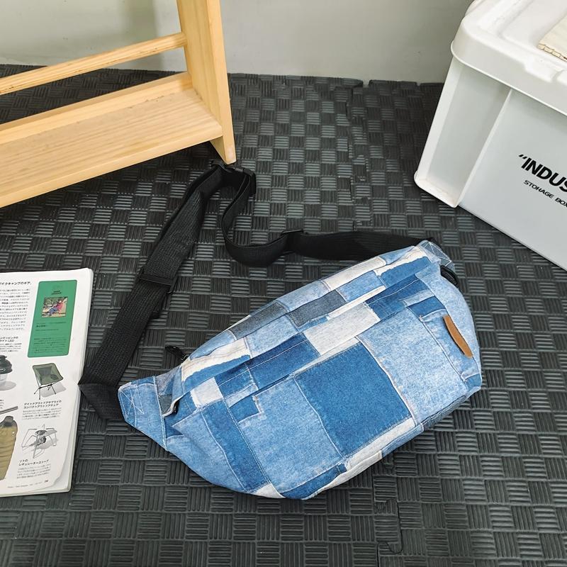 Sacoche Grande Capacité Sac banane en toile pour femmes Grand carreau Denim Sac bandoulière poitrine multifonctionnel Sacs banane à la taille