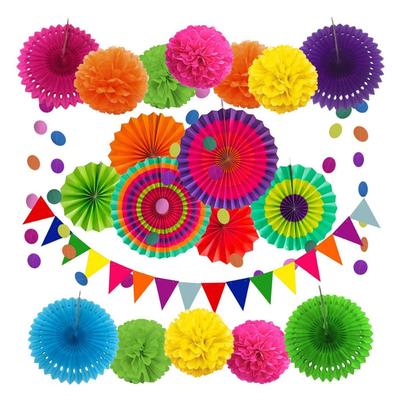 Hanging Paper Fans Party Decoration Pom Poms Flowers,Garland String Polka Dot and Triangle Bunting Flag Packs for Birthday Baby Shower Wedding