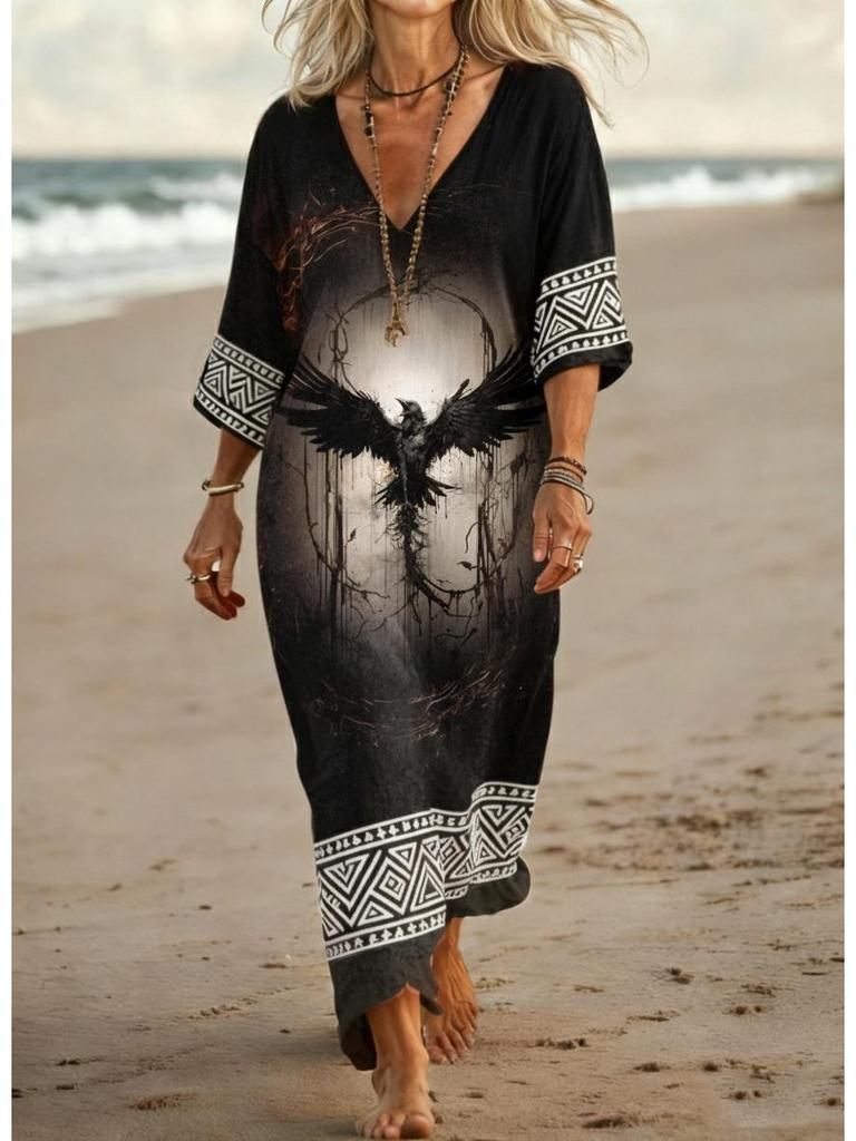 Slimming Long Sleeve Autumn Dress with Custom Digital Prints