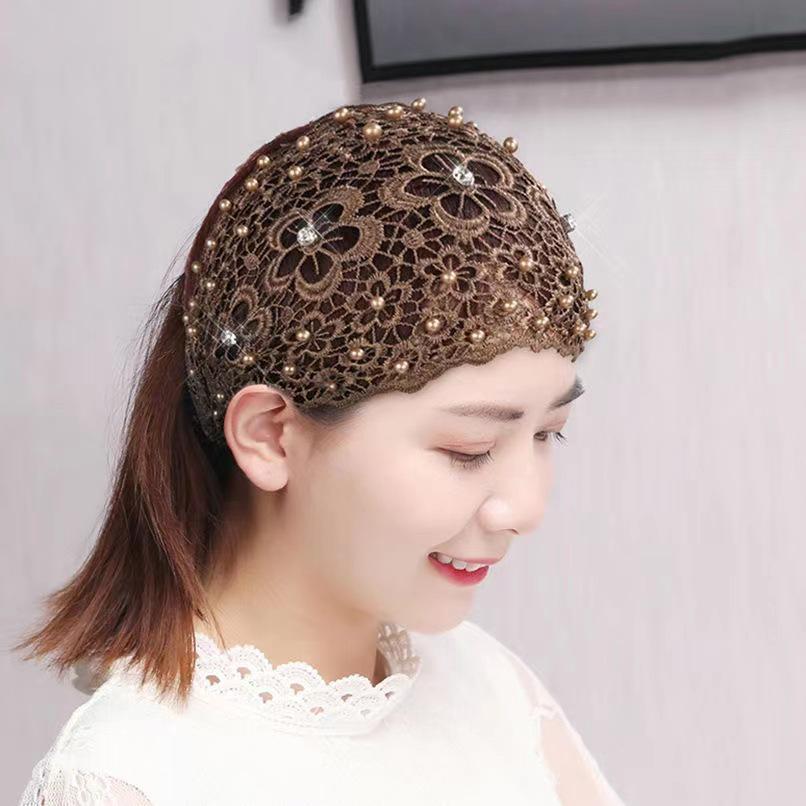 Beaded Headband: Women's Hollow Breathable Lace Wide-Brim Headscarf & Forehead Protector Hair Tie.