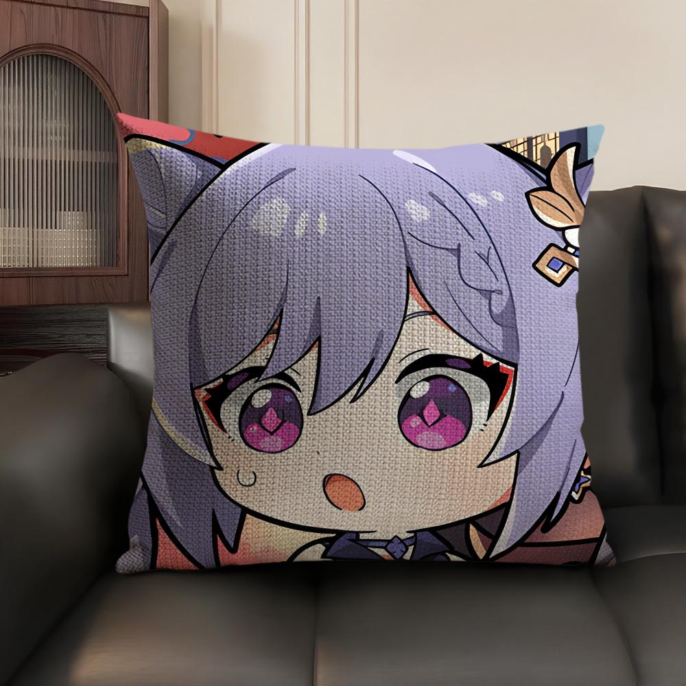 Keqing Cute Genshin Impact Cushion Cover Natural Linen Organic Fabric DoubleSided Printing Sofa Home Decor Gift Pillow Case