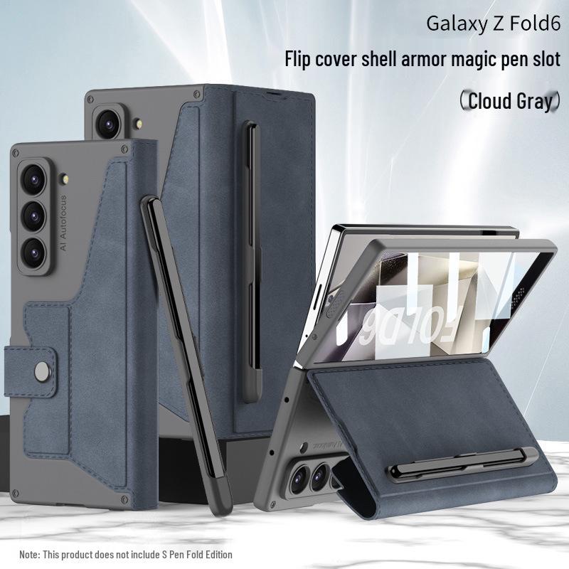 Samsung Z Fold 6 Armor Flip Leather Case with Pen Slot - Full-Wrap Business Shell
