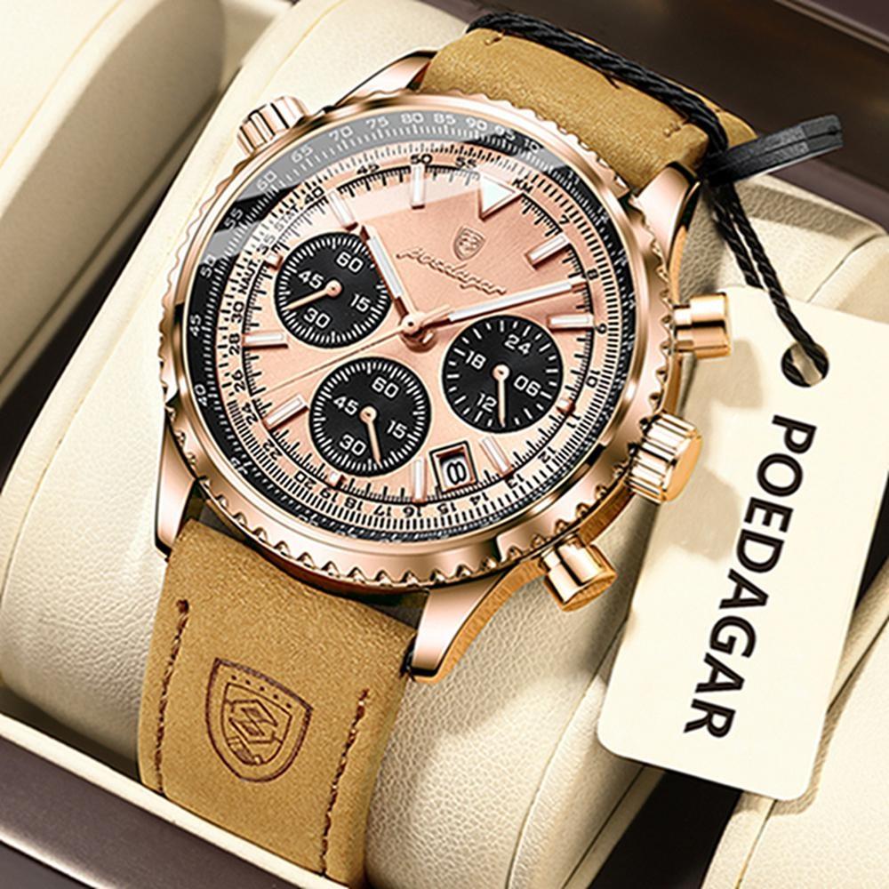 POEDAGAR Military Luxury Men Watch Date Chronograph Waterproof Luminous Top Man Wristwatch Leather Men's Quartz Watches