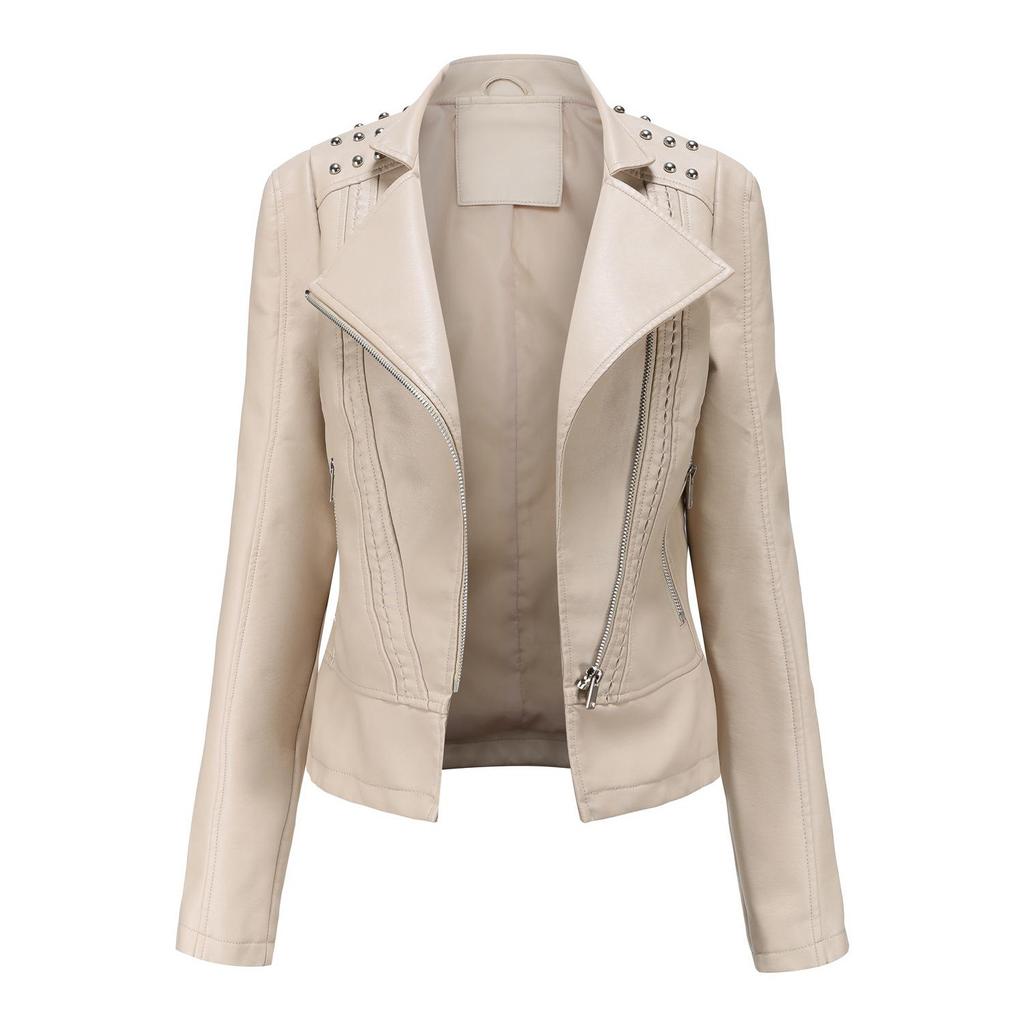 European Women's Beaded Leather Motorcycle Jacket - Long Sleeve, Lapel, Thin Fashion for Spring and Autumn 2023