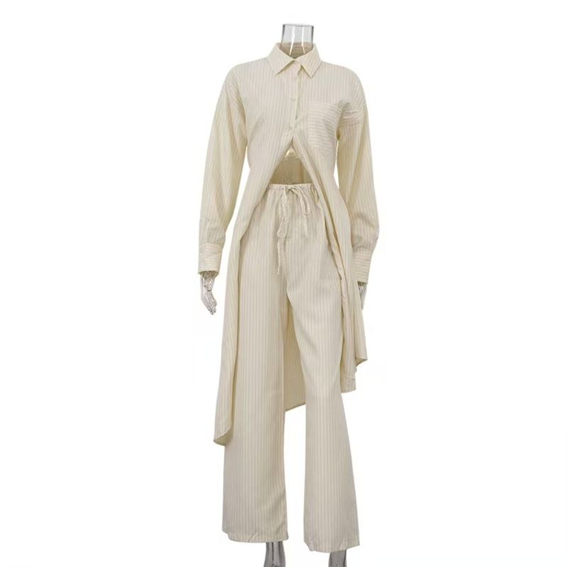 

Fashion Style Fashion Stripes Long Shirt Pants Two-Piece Suit Striped Shirt and Pants Set Apricot color M