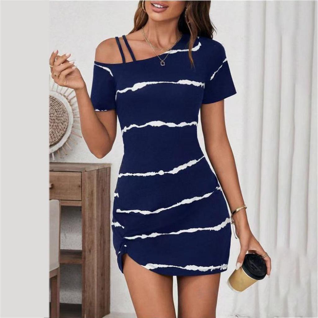 2024 European & American One-Shoulder Sexy Short-Sleeved Dress