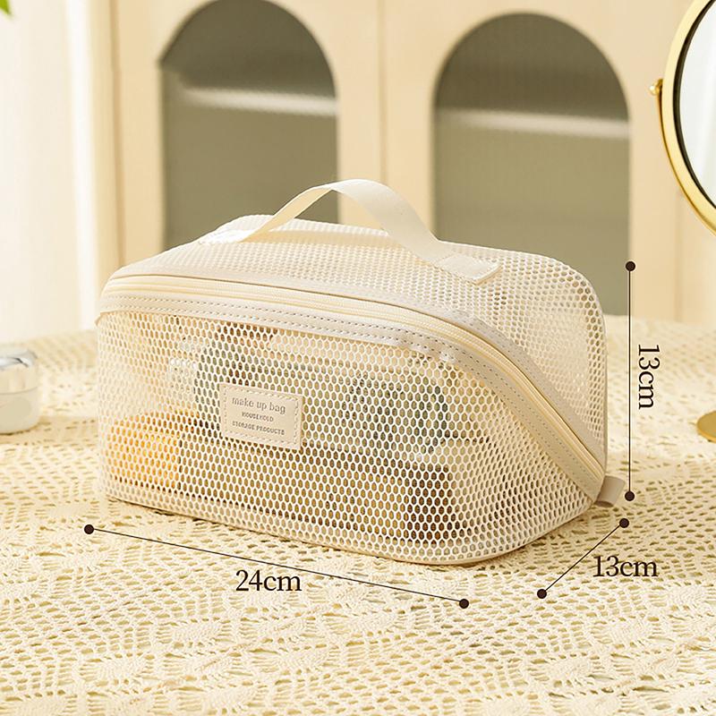 Portable Solid Color Mesh Cosmetic Bag Lightweight Space Saving Zipper Bags Large Capacity Travel Toiletry Storage Handbag