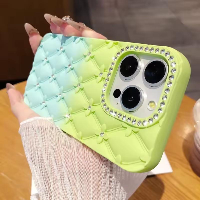 Luxury Glitter Rhinestone 6D Flowers Case for IPhone 17air 13 14 15 16 Pro Max Gradient Color Soft Silicone Shockproof Cover