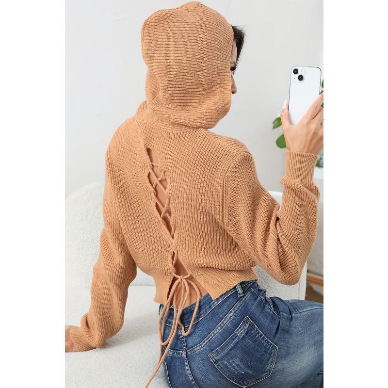 Damski sweter dzianinowy z kapturem, jednolitym kolorem, wiązaniem z tyłu, odkrytymi plecami, długim rękawem, swobodny sweter do pracy