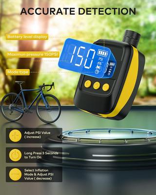 Electric Bike Tire Pump 150 PSI with Gauge, Auto Shut-Off, Portable for Presta/Schrader