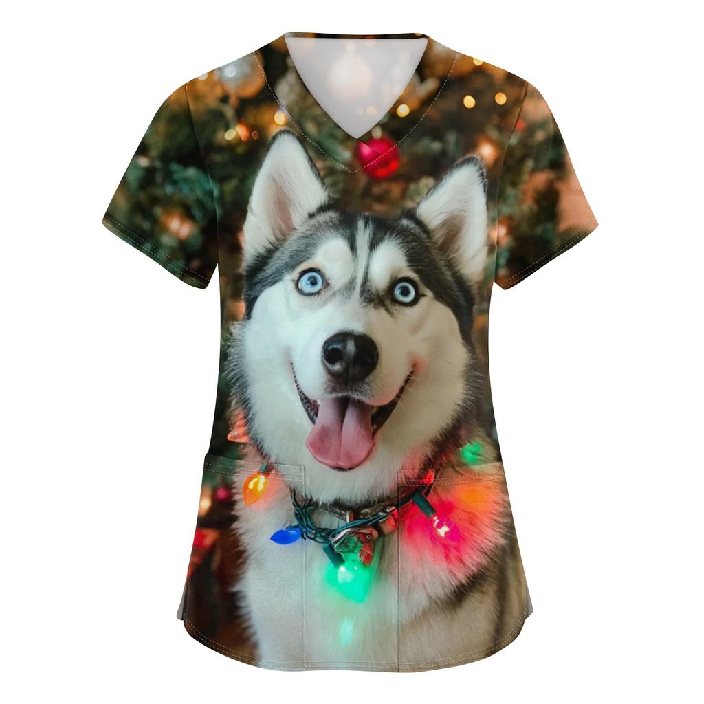 Women's V-neck Christmas printed short-sleeved pocket side-slit protective suit top
