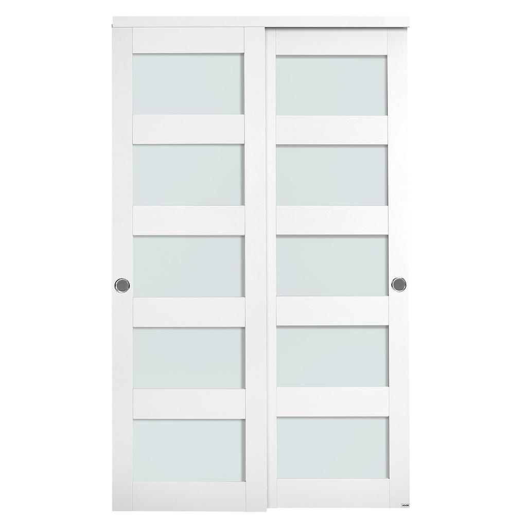 Sliding Closet Door, 1219mm (Double 635mm) x 2032 mm, 5-Lite Frosted Glass Bypass Sliding Doors with Hardware Kit, Solid Wood & MDF Slab with