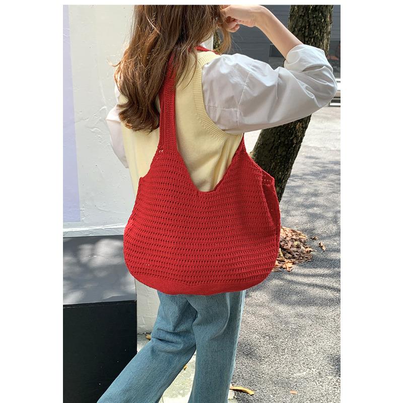 Korean Style Polyester Knit Tote Bag for Women Woven Shoulder Beach Purse