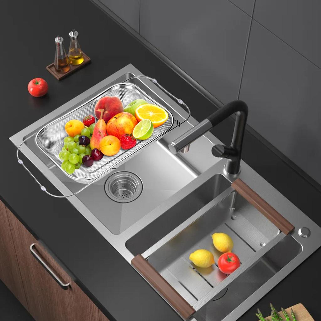 Stainless Steel Over Sink Colander with Telescopic Handle Metal Mesh Strainer Basket for Washing Fruits & Vegetables