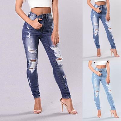 Womens Hole Button Zipper Pocket Jeans Casual Denim Flares Wide Leg Slim Pants