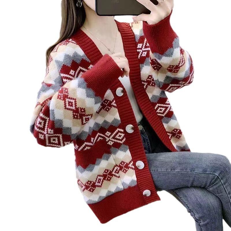 Autumn and winter new knitted cardigan retro rhombus lattice lazy wind loose sweater jacket women