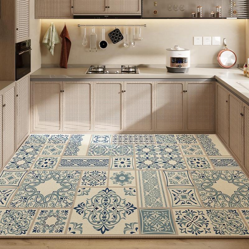 Rug for Kitchen Waterproof Floor Mat Pvc Leather Non-slip Carpet Large Blue Carpets Retro Classic Pattern Home Decoration Rugs