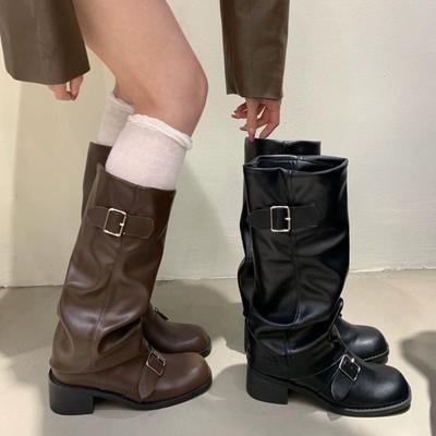 Fashion 2025new Woman Boots Knee High Platform Chunky Heels Trend Punk Gothic New Rock Leather Fashion Women's Shoes Motorcycle Footwear