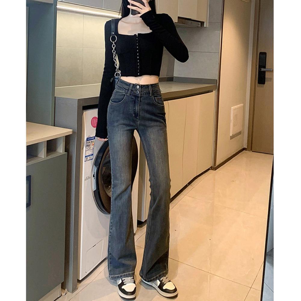 

Трендовые джинсы микро-пулл на двойной пуговице женские весенне-осенние новые с высокой посадкой облегающие и тонкие универсальные джинсы-клеш XL