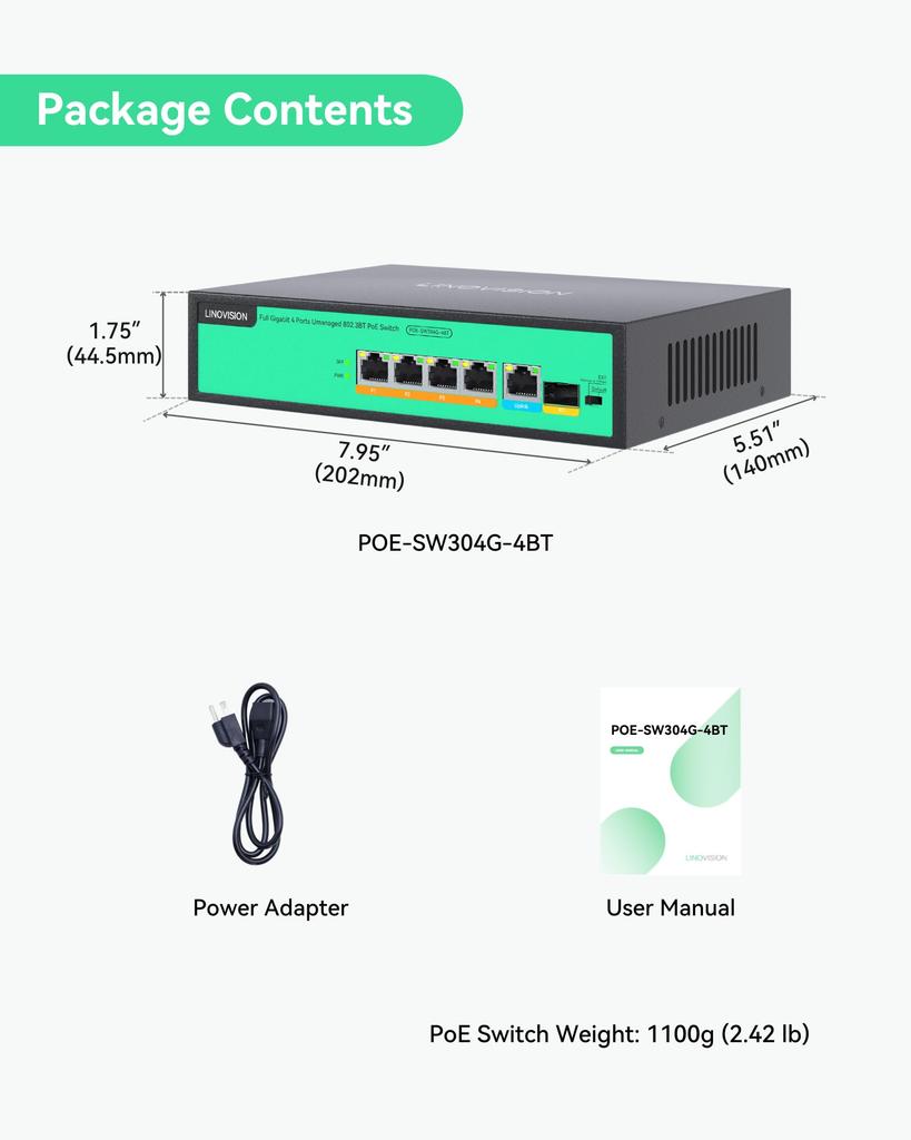 LINOVISION Full Gigabit Switch with 96W power all 4 ports support BT provides enough power for all IEEE PoE devices including PTZ wireless and PoE