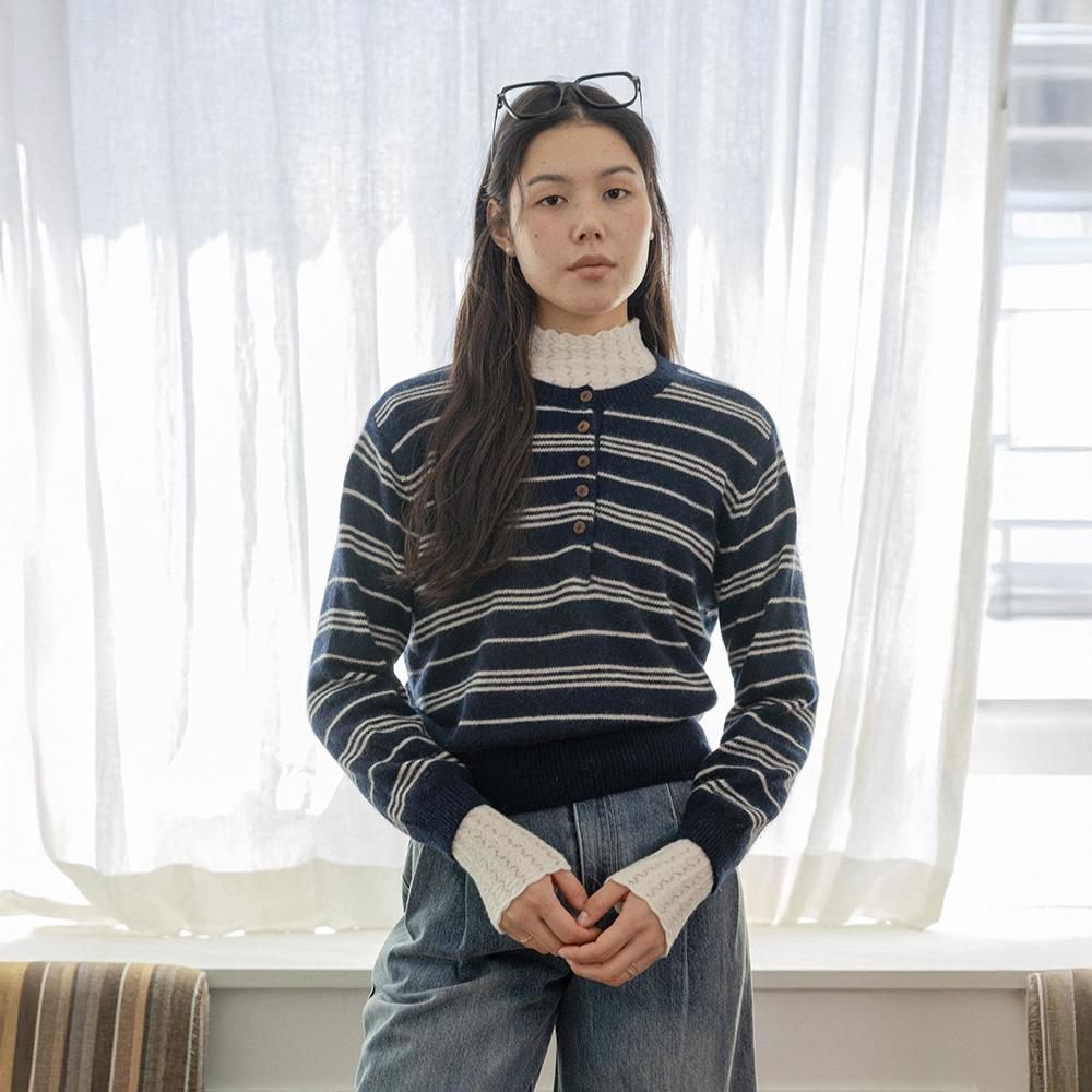 Laengsseon Ls_Crew Neck Button Striped Knit Top_2Color