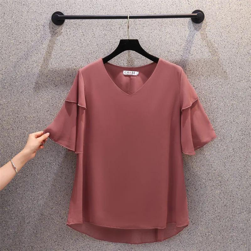 T-shirt Women Versatile Summer Casual Large Size Loose V Neck Pullover Short-sleeved Tops