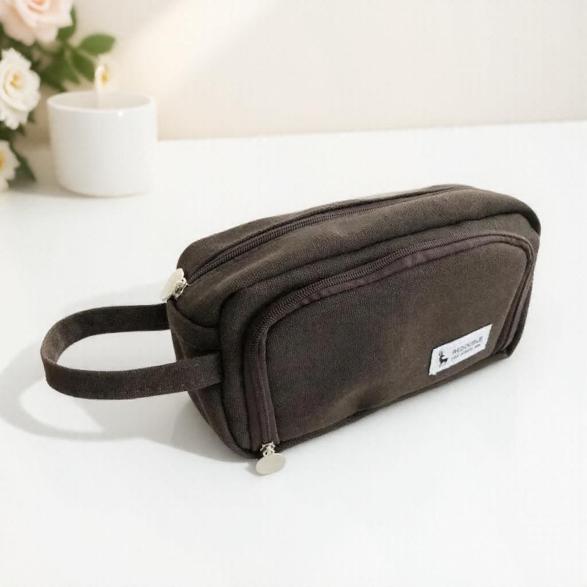 

Solid Color Stationery Box Simple Hand Carry Large Capacity Double Layer Thickened Cotton Linen Canvas Pencil Bag коричневый