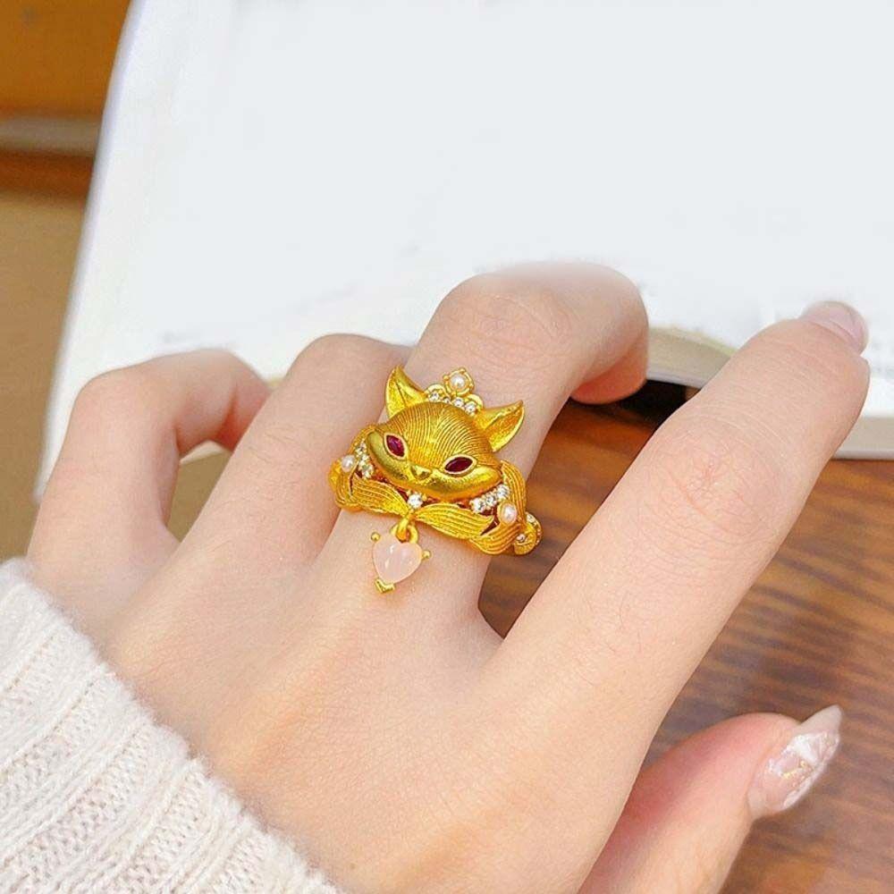 Golden Rhinestone Opening Ring Textured Animal Ring Creative Vintage Metal Ring  Daily