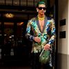 PYJTRL Mens Fashion Gold Leaves Pattern Blue Green Shiny Sequin  Suit Jacket Blazer