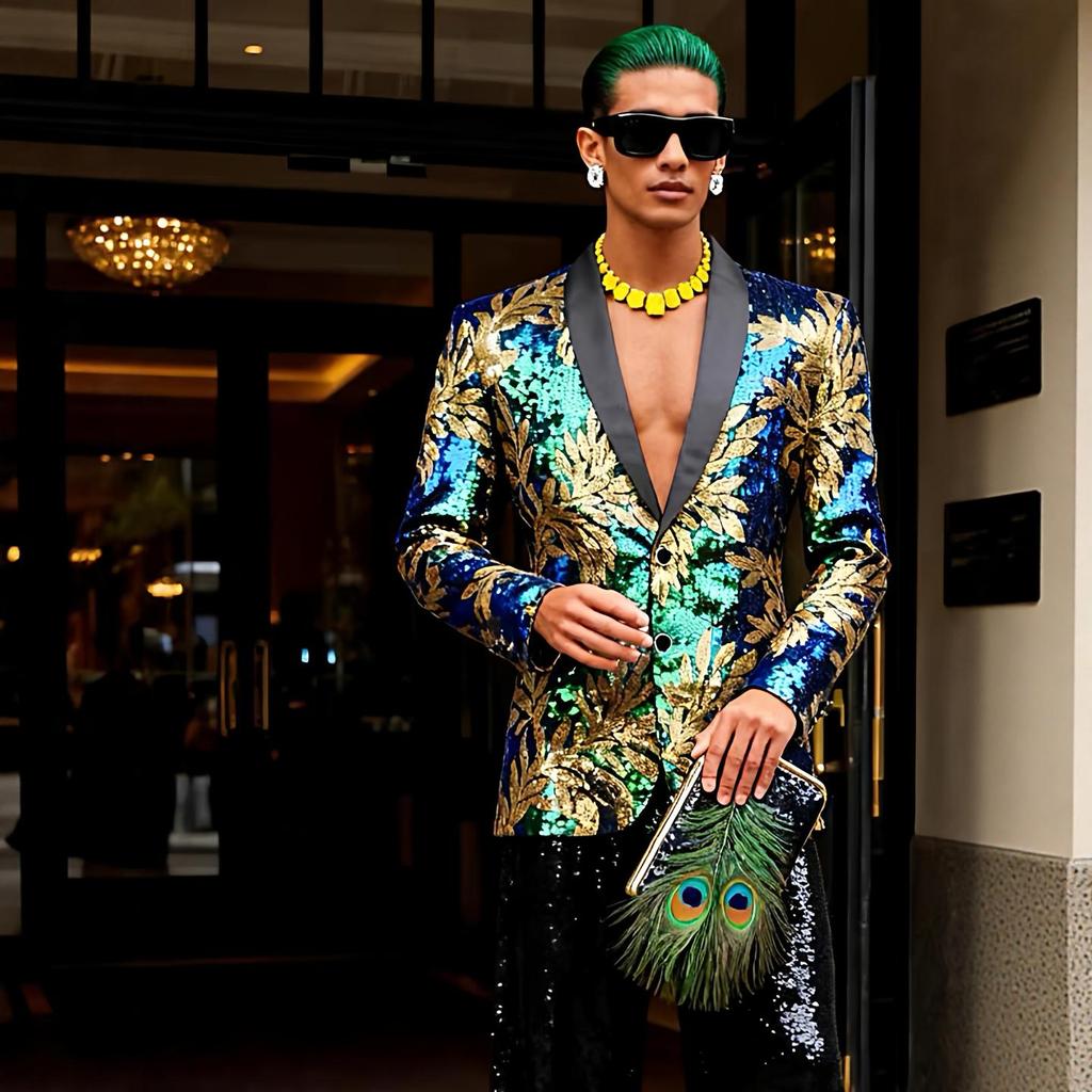 PYJTRL Mens Fashion Gold Leaves Pattern Blue Green Shiny Sequin  Suit Jacket Blazer