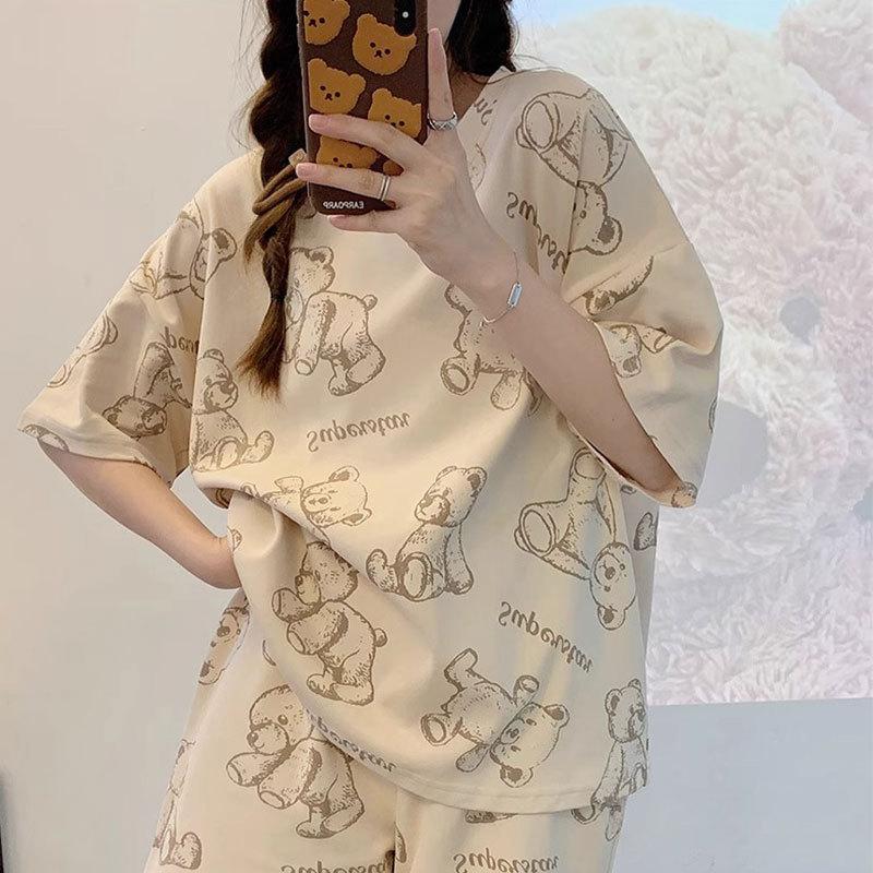 Soft and girlish Teddy Bear cartoon pajamas for women, summer thin cotton short-sleeve set, loose long pants, loungewear suitable for outerwear