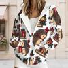 Women Plus Size Zip Up Hoodie Long Sleeve Drawstring Hood Pockets Christmas Hedgehog Print White