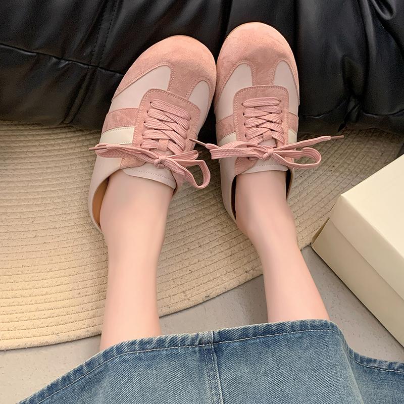 Fashion Spring Baotou Slippers for Women New Style Round Head Deep Mouth Splicing Front Lacing Soft Sole Non-slip Flat Shoes