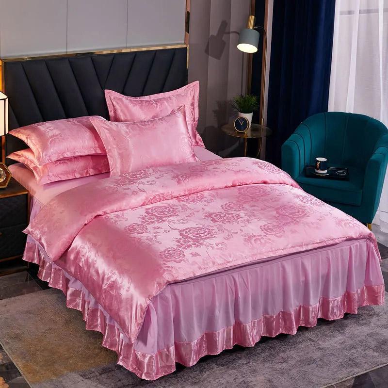 4 stk/sett Europeisk Jacquard Sengeskjørt Sengetøysett Fire Sesonger Laken Dynetrekk Sommer Issilke Dobbeltseng Bryllup Lett Luksus Fire Deler Sett