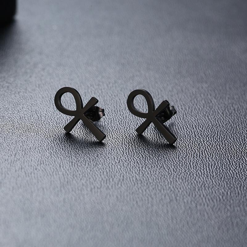 WOMNE MEN'S ANKH CROSS EGYPTIAN STUD EARRINGS STAINLESS STEEL the KEY of LIFE NILE CRUX RASTA EARRINGS