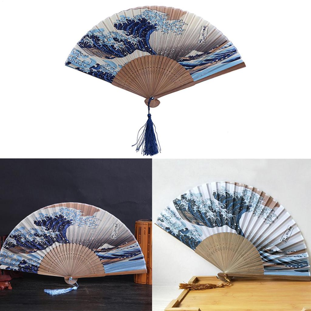 Japanese Folding Fan Vintage Silk Handmade Decorative Kanagawa Wave Foldable Fan Art Craft Gift Handheld Fans Performance Props
