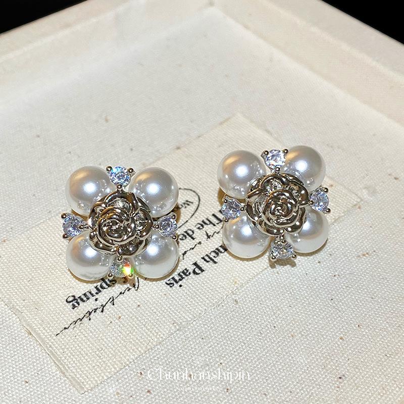 Silver Camellia Pearl Stud Earrings Light Luxury Premium Retro Earrings No Pierced Ear Clips Women's No Hole Mosquito Coil Disc