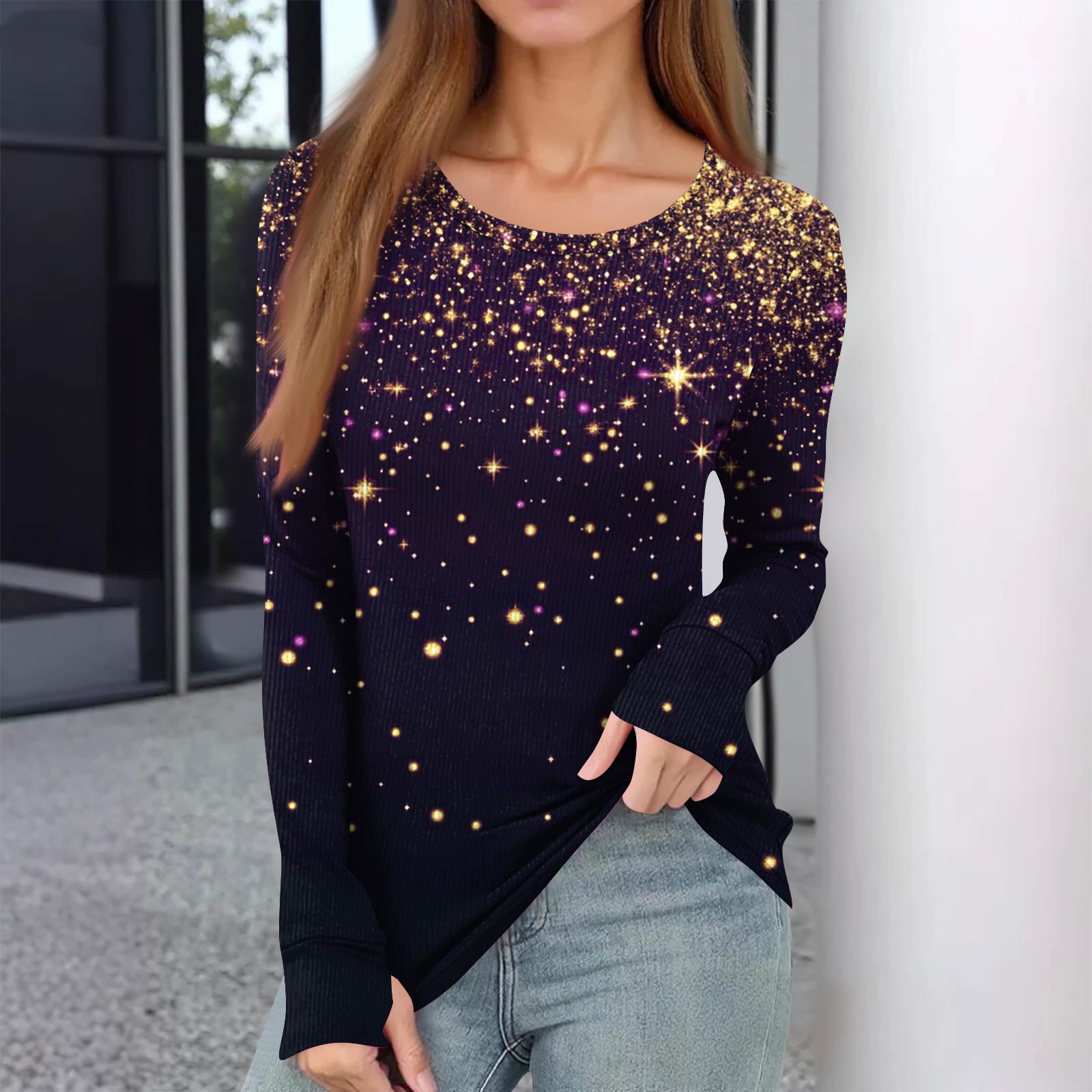 

Women s Winter Slim Bottom T-shirt Fashion Casual Printing Round Neck Pullover Long Sleeve Top L темно-фиолетового