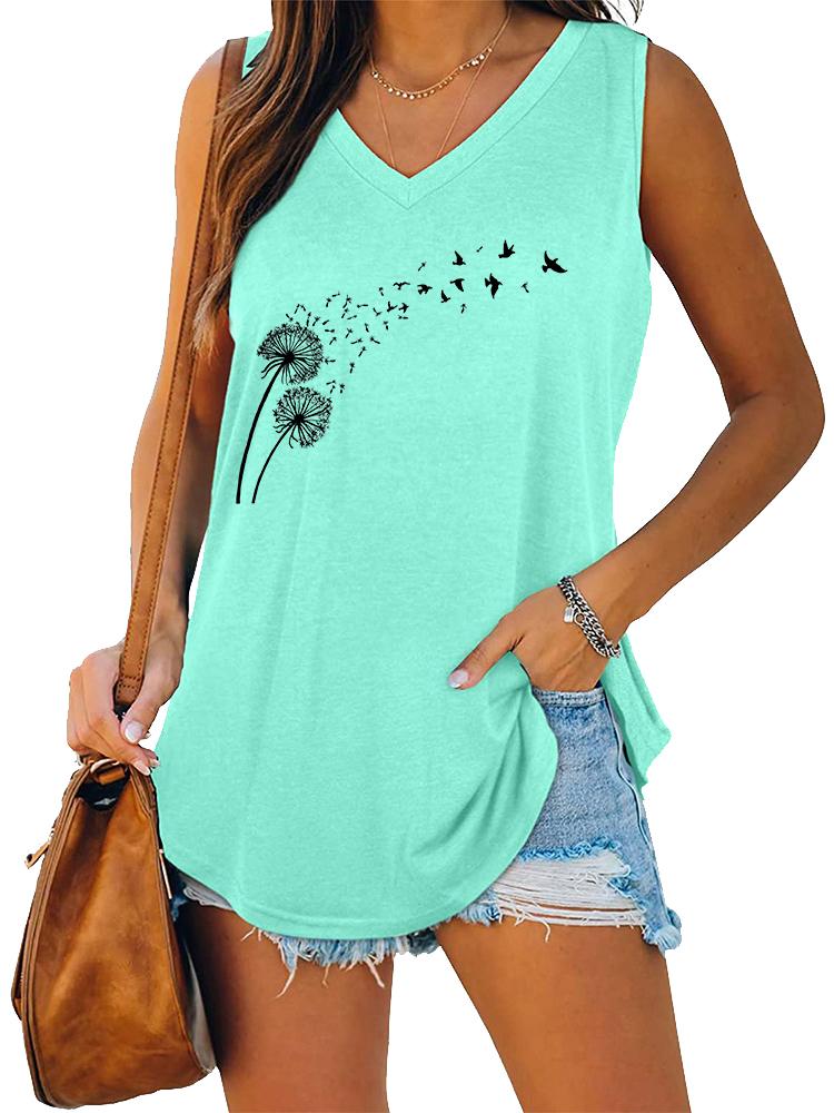 Women Fashion V Neck Printed Sleeveless Top Summer Casual Pullover Loose Tank Top