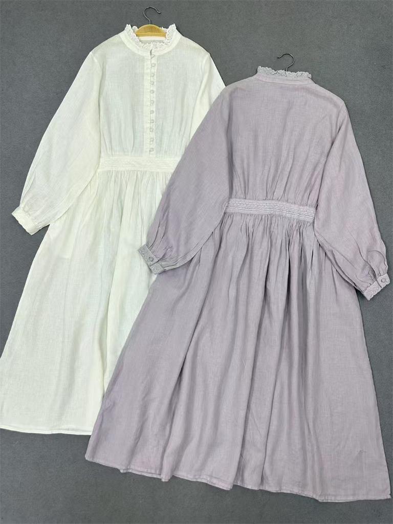 Johnature Spring Long Sleeve Dress Japanese Stand Collar Wood Ear Trim Solid Color Vintage Loose Women Dresses