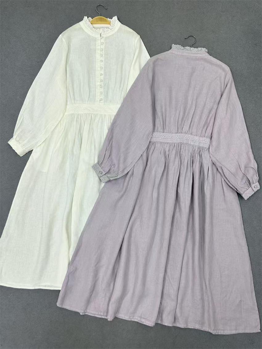 

Johnature Spring Long Sleeve Dress Japanese Stand Collar Wood Ear Trim Solid Color Vintage Loose Women Dresses One Size фіолетовий