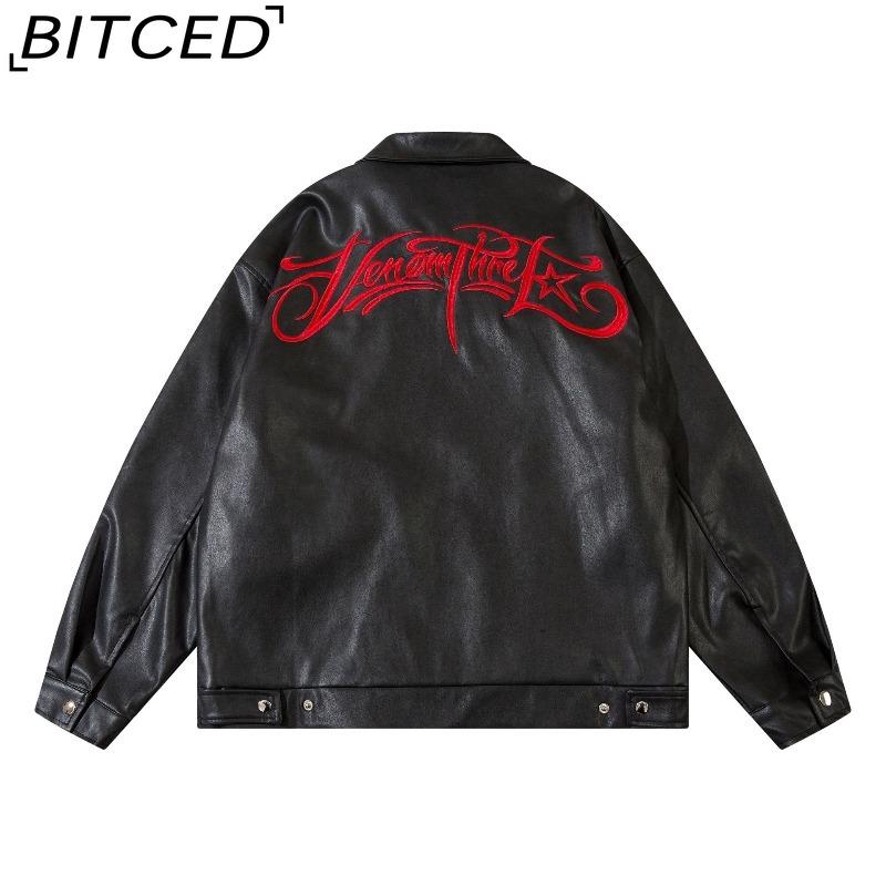 BITCED PU Leather Jacket Autumn Actual Shots Street Style High-Street Contrast Colour Blocking Letter Embroidery Jacket Trendy Fashion Brand