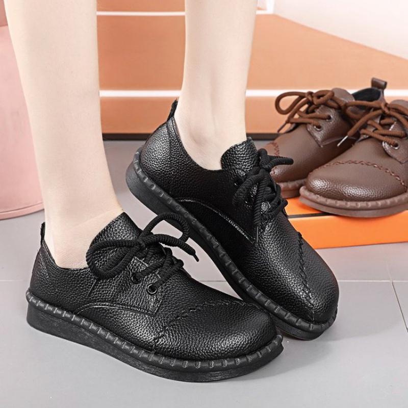 New Women'S Comfort Flats - Leather Lace-Up Shoes With Anti-Slip Cushioned Sole, Spring/Fall Casual Shoes For Mothers