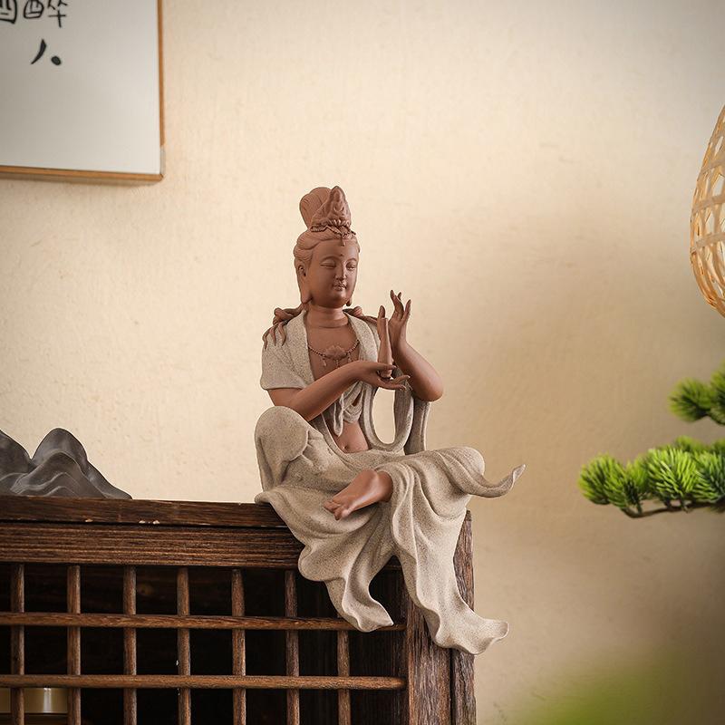 Backflow Incense Burner Ceramic Guan Yin Statue Zen Bodhisattva Figurine Waterfall Smoke Cone Home Office Desk Table Decor