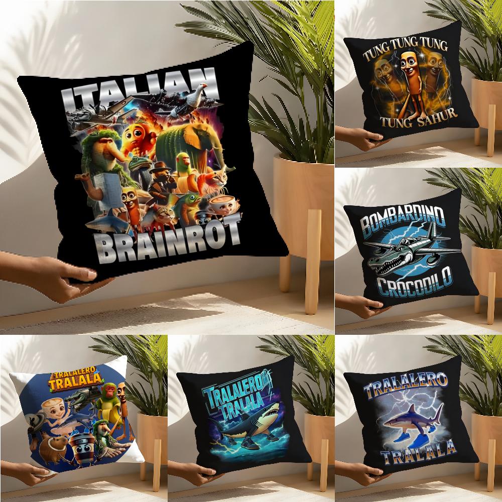 Pillow Case Cotton Linen Fabric Square Zipper Pillowcase Home Decorative Living Room I-Italian Brainrot Creative Animal Meme 4