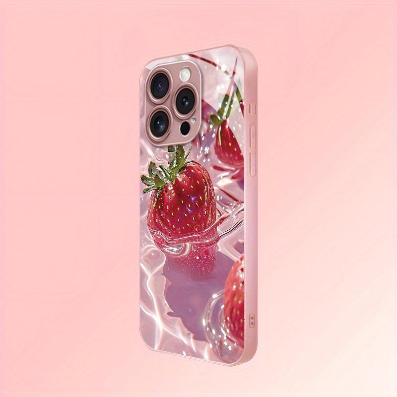 Delicious Strawberry Pattern Pink Metallic Paint Glass Phone Case For iPhone 17 Pro Max 16 Plus 15 14 13 12 11 16E 17Air Cover