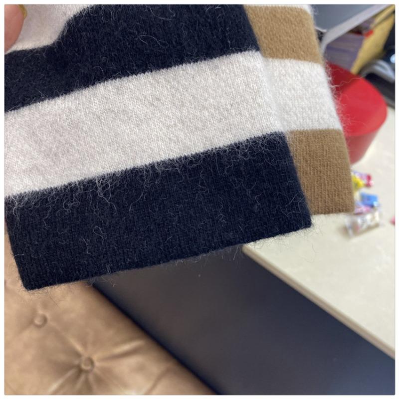 Striped Knitted Cardigan Women Autumn Winter Fashion Contrasting Color Retro V-neck Gentle Style Sweater Jacket Top