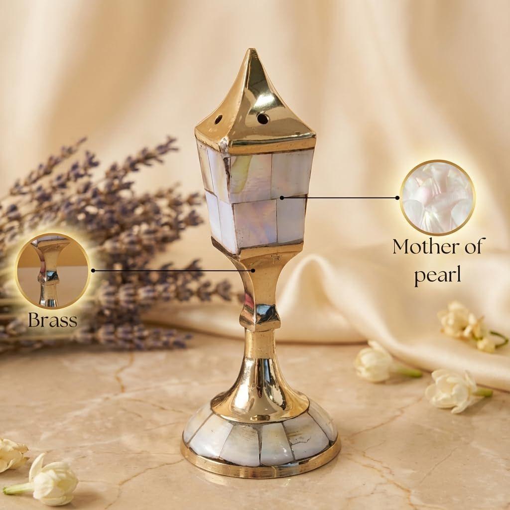 Lamp Post Design Brass & Mother of Pearl Incense Stick Holder for Home Decor